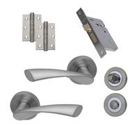 UAP Limited Uap Zeta Bathroom Door Handle Set - Lever On Rose With Lock, Turn & Hinges - Satin Nickel