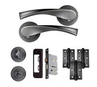 UAP Limited Uap Zeta Internal Door Handles Bathroom Pack With 65mm Lock Hinges Escutcheon Metal Grey