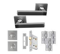 UAP Quad Internal Door Handles Bathroom Pack with Lock Hinges Escutcheon Polished/Matt Chrome, 65mm