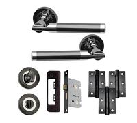 UAP Turquoise Internal Door Handle Bathroom Pack, Polished Chrome/Black, with Lock, Hinges and Escutcheon, 65mm