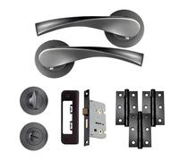 UAP Zeta Internal Door Handle Bathroom Pack, Metal Grey, with Lock, Hinges and Escutcheon, 75mm