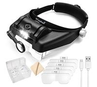 Uarzt Head Mount Magnifier with LED Light, Rechargeable Headband Magnifier, Head-Mounted Magnifying Glass with 6 Detachable Lens, Handsfree Magnifying Glasses for Jewelers Loupe, Crafts, Repair