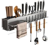 UATARU Kitchen Wall Shelf, Punch-Free Kitchen Utensils Hanging Shelf with Hooks, Multi-Purpose Knife Fork Cutlery Organiser Towel Holder for Kitchens, Restaurants and Bars (Gun grey, 50cm)