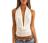 UAURORAO Women Cowl Neck Halter Tops Sexy Draped Front Low Cut Backless Tank Top Ruched Open Back Going Out Crop Tops, Plunge White, Large