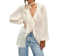 UAURORAO Women Ruffle Sheer Top Long Sleeve See Through Mesh Blouse Tops Oversized Flowy Chiffon Tunic Shirts, Sexy White, M