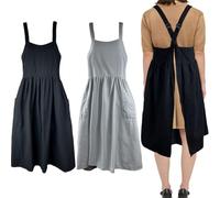 Uaussi Cotton Linen Apron Cross Back Work Apron for Women with Pockets Pinafore Dress X Cross Halter Apron for Chef Gardening, 2 Pack-black+gray, One Size