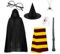 UAVAUI Wizard Costume Set, 8 PCS Wizard Robe with Magic Hat, Stickers, Necklace, Spectacles, Magic Wand and Scarf, Halloween Costume Set for School Activities Party, World Book Day, Role-Playing