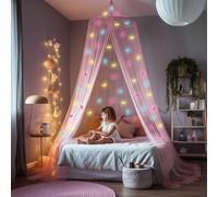 UB-STORE Pink Canopy for Girls Bed with Pre-Glued Glow-in-the-Dark Unicorns | Princess Mosquito Net Room Decor - Kids Bedroom Tent with Galaxy Lights