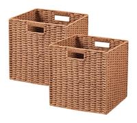 UBBCARE 2 Pack Wicker Basket, 11L×11H×10.5W inch Woven Paper Rope Storage Baskets for shelves, Foldable Cube Storage bin with Handle, Storage Basket for Organizing & Decor, Caramel