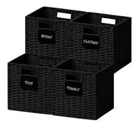 UBBCARE 4 Pack Small Wicker Basket, 9×9 Storage Cubes with Label, Foldable Cube Storage Bin with Handle, Square Storage Basket for Shelves, Woven Paper Rope Basket for Organizing, Black