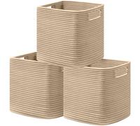 UBBCARE Set of 3 Cotton Rope Basket 13 X 13 X 13 Inches, Woven Storage Baskets for Shelves, Organizing with Handles, Cube Storage Bins for Storage Books, Magazines, Brown
