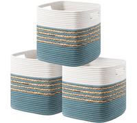UBBCARE Set of 3 Storage Cubes 11 X 10.5 X 10.5 in, Water Hyacinth Storage Bins for Shelves, Toys, Book, Storage Baskets with Handles, Cotton Rope Woven Baskets for Organizing, Light Blue