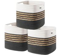 UBBCARE Set of 3 Storage Cubes 11 X 10.5 X 10.5 in, Water Hyacinth Storage Bins for Shelves, Toys, Book, Storage Baskets with Handles, Cotton Rope Woven Baskets for Organizing, Dark Grey