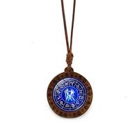 UBBVPKY Zodiac Necklace for Women Men, Horoscope Wooden Round Wax Rope Pendant Sweater Chain Star Sign Astrology Constellation Necklace Birthday Jewellery Gift Gemini