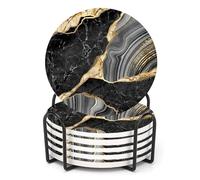 ubcindy Black and Gold Marble Coasters for Drinks Set of 6,Round Absorbent Ceramic Stone Coaster with Metal Holder Stand,Modern Luxury Abstract Coasters with Cork Base for Coffee Table,Parties,Gifts