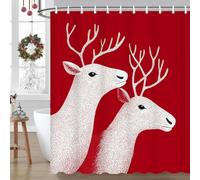 ubcindy Christmas Reindeers Shower Curtain, Two White Jolly Reindeers on Red Shower Curtain Set with Hooks, Bath Curtain for Bathroom Decor, Washable Durable Waterproof Fabric, 71x71 Inch