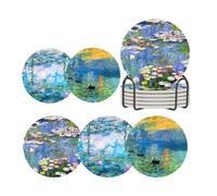ubcindy Claude Monet Art Coasters Set of 6 for Drinks, Round Absorbent Ceramic Stone Coaster with Metal Holder Stand, Monet Water Lilies Sunrise Coasters with Cork Base for Coffee Kitchen Party Gifts