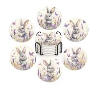 ubcindy Easter Rabbit Flower Coasters Set of 6 for Drinks,Round Absorbent Ceramic Stone Coaster with Metal Holder,Cute Bunny Purple Lavender Coaster with Cork Base for Coffee Kitchen Party Decor Gifts