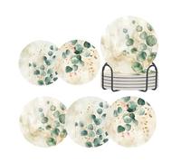 ubcindy Eucalyptus Green Leaves in Marble Coasters Set of 6 for Drinks,Round Absorbent Ceramic Stone Coaster with Metal Holder Stand,Herbs Plant Coasters with Cork Base for Coffee Kitchen Party Gifts