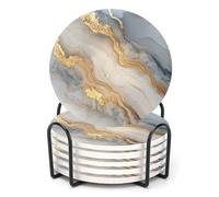 ubcindy Gold White Grey Marble Natural Coasters for Drinks Set of 6, Round Absorbent Ceramic Stone Coaster with Metal Holder and Cork Base for Coffee Table Desk Parties Kitchen Home Decor Gifts