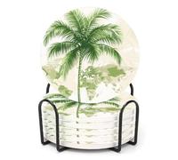ubcindy Green Tropical Palm Tree on Old World Map Coasters for Drinks Set of 6, Round Absorbent Ceramic Coaster with Metal Holder, Coasters with Cork Base for Coffee Table, Party, Kitchen, Gifts