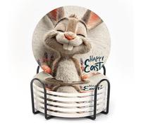ubcindy Happy Easter Funny Bunny Coasters for Drinks Set of 6,Round Absorbent Ceramic Coaster with Metal Holder, Joy Rabbit Easter Eggs Flower Coasters with Cork Base for Coffee Table,Kitchen,Gifts