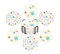 ubcindy Mid Century Coasters Set of 6 for Drinks, Round Absorbent Ceramic Coaster,Atomic Dynamic Dots Line Starbursts Coasters with Metal Holder Stand and Cork Base for Coffee Party Decor Gifts