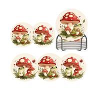 ubcindy Mushroom Cute Frog Coasters Set of 6 for Drinks,Round Absorbent Ceramic Coaster with Metal Holder, Magic Mushroom Cottagecore Coasters with Cork Base for Coffee Party Kitchen Home Decor Gifts