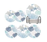 ubcindy Nautical Coastal Coasters for Drinks Set of 6,Round Absorbent Ceramic Stone Coaster with Metal Holder Stand,Beach Ocean Themed Blue Coasters with Cork Base for Coffee Table,Party,Kitchen,Gifts