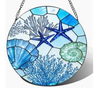 ubcindy Nautical Coastal Stained Glass Window Hanging, 8'' Beach Ocean Themed Stained Glass Suncatcher Wall Door Home Decor, Blue Starfish Sun Catcher for Women Mom Men Friends Housewarming Gifts