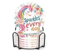 ubcindy Pink Rainbow Unicorn Coasters Set of 6 for Drinks,Absorbent Ceramic Coaster with Metal Holder Cork Base, Sparkles Every Day Inspiration Flower Fairy Coasters for Coffee Table Home Decor Gifts