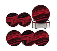 ubcindy Red and Black Fluid Art Texture Coasters Set of 6 for Drinks,Modern Abstract Marble Round Absorbent Ceramic Coaster with Metal Holder Stand and Cork Base for Coffee Kitchen Office Party Gift