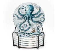 ubcindy Unique Octopus World Map Nautical Coasters for Drinks Set of 6, Round Absorbent Ceramic Stone Coaster with Metal Holder and Cork Base for Coffee Table Parties Desk Kitchen Home Decor Gifts