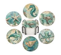 ubcindy Vintage Coastal Beach Coasters Set of 6 for Drinks,Round Absorbent Ceramic Stone Coaster with Metal Holder, Sea Turtle Nautical Ocean Life Coasters with Cork Base for Coffee Party Decor Gift