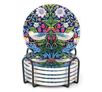 ubcindy William Morris Flower Coasters Set of 6 for Drinks,Round Absorbent Ceramic Stone Coaster with Metal Holder,Morris Strawberry Thief Floral Coasters with Cork Base for Coffee Party Decor Gifts