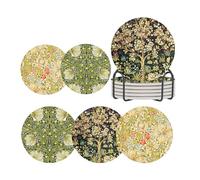 ubcindy William Morris Tree of Life Coasters Set of 6 for Drinks,Round Absorbent Ceramic Stone Coaster with Metal Holder,Sage Green Golden Lily Coasters with Cork Base for Coffee Kitchen Decor Gifts
