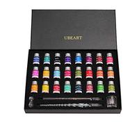 UBEART Glass Dip Pen Set,28 Pieces Calligraphy Set Includes 24 Color Inks Cleaning Cup Pen Holder 2 Crystal Glass Pens,Calligraphy Kit Ideas for Birthday Graduation Gifts Beginners