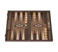 Uber Games Premium Black Walnut Backgammon Set foldable board (48cm x 60cm x 4cm when open) with 30 oak wood counters, 2 dice, doubling die, and storage bag.