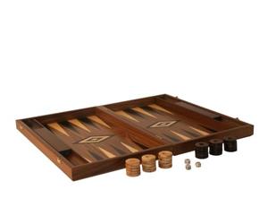 Uber Games Premium Black Walnut Backgammon Set foldable board (48cm x 60cm x 4cm when open) with 30 oak wood counters, 2 dice, doubling die, and storage bag.
