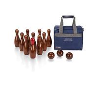 Uber Games - Premium Rosewood Skittles Set - 10-Pin Set - 23cm Skittles with Red Top - 3 Rosewood Balls - Canvas Bag Included