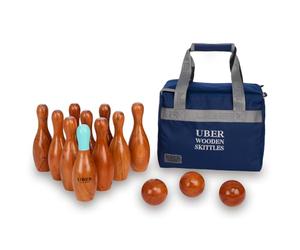 Uber Games Skittles Set - Premium Hardwood Garden Skittles Set with 10 Skittles & 3 Balls, Blue-Topped Lead Skittle & Canvas Storage Bag - 23cm Tall, Fun for All Ages, Classic Outdoor Family Game