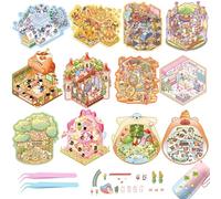 UBERMing 12 Sets DIY 3D House Scene Stickers with 2 Tweezers, Miniature Scenes Therapy Stress Relief Stickers for Adults Teens Kids, Miniature Room Sticker Fun Scene Make Your Own Dream Castle
