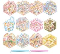 UBERMing 12 Sets DIY 3D House Scene Stickers with 2 Tweezers, Miniature Scenes Therapy Stress Relief Stickers for Adults Teens Kids, Miniature Room Sticker Fun Scene Make Your Own Museum Zoo Gallery