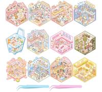 UBERMing 12 Sets DIY 3D House Scene Stickers with 2 Tweezers, Miniature Scenes Therapy Stress Relief Stickers for Adults Teens Kids, Miniature Room Sticker Fun Scene Make Your Own Museum Zoo Gallery