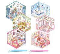 UBERMing 6 Sets DIY 3D House Scene Stickers with 2 Tweezers, Miniature Scenes Therapy Stress Relief Stickers for Adults Kids, Miniature Room Sticker Fun Scene Make Your Own Clothing Store Flower Shop