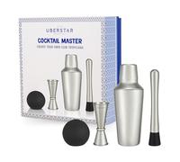 UBERSTAR Cocktail Master Gift Set Stainless Steel Cocktail Shaker, Muddler, Jigger and Giant Ice Ball (Silver)