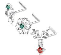 UBGICIG 3Pcs Christmas Nose Rings Stud - 20G L Shaped Nose Stud 316L Surgical Stainless Steel Piercing Jewelry, Cubic Zirconia, cubic zirconia