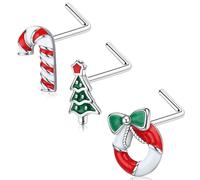 UBGICIG 3Pcs Christmas Nose Rings Stud - 20G L Shaped Nose Stud 316L Surgical Stainless Steel Piercing Jewelry, Cubic Zirconia, cubic zirconia
