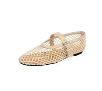 UBOHUZ Fashion Round Toe Fish NetFlats Shoes Women Summer Shallow Buckle Ballet Footwear Ladies For Women(Apricot,Size32)