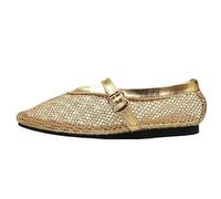 UBOHUZ Round Headed Mesh Buckle With Ballet Single Shoe, Women's Ins Flat Bottom Hollow Sandals, Fishing Net Shoes For Women(Gold,Size37)